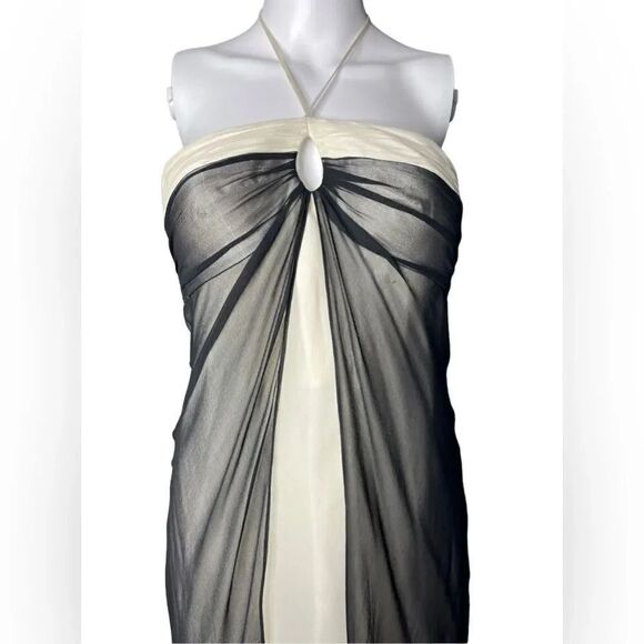 WHBM SILK Chiffon Halter Formal Knee Length Dress Ivory & Black Size 6 - Picture 2 of 7